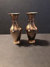 2 India Made Brass Vases With Tassel (rope) Around Neck 5 3/4” Tall