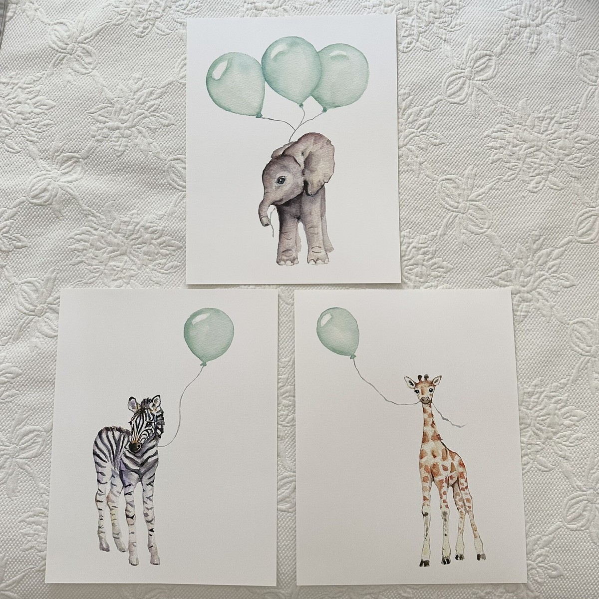 Set Of Nursery Baby Watercolor Art Prints Elephant Giraffe Zebra Mint  Balloons