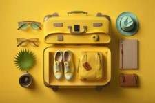 Wandbild: Ausgepackter gelber Koffer mit Urlaubsausrüstung isoliert auf [...]