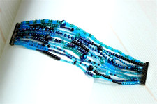Czech Glass Beaded 10 Strand BRACELET Cuff IRIDESCENT BLUE