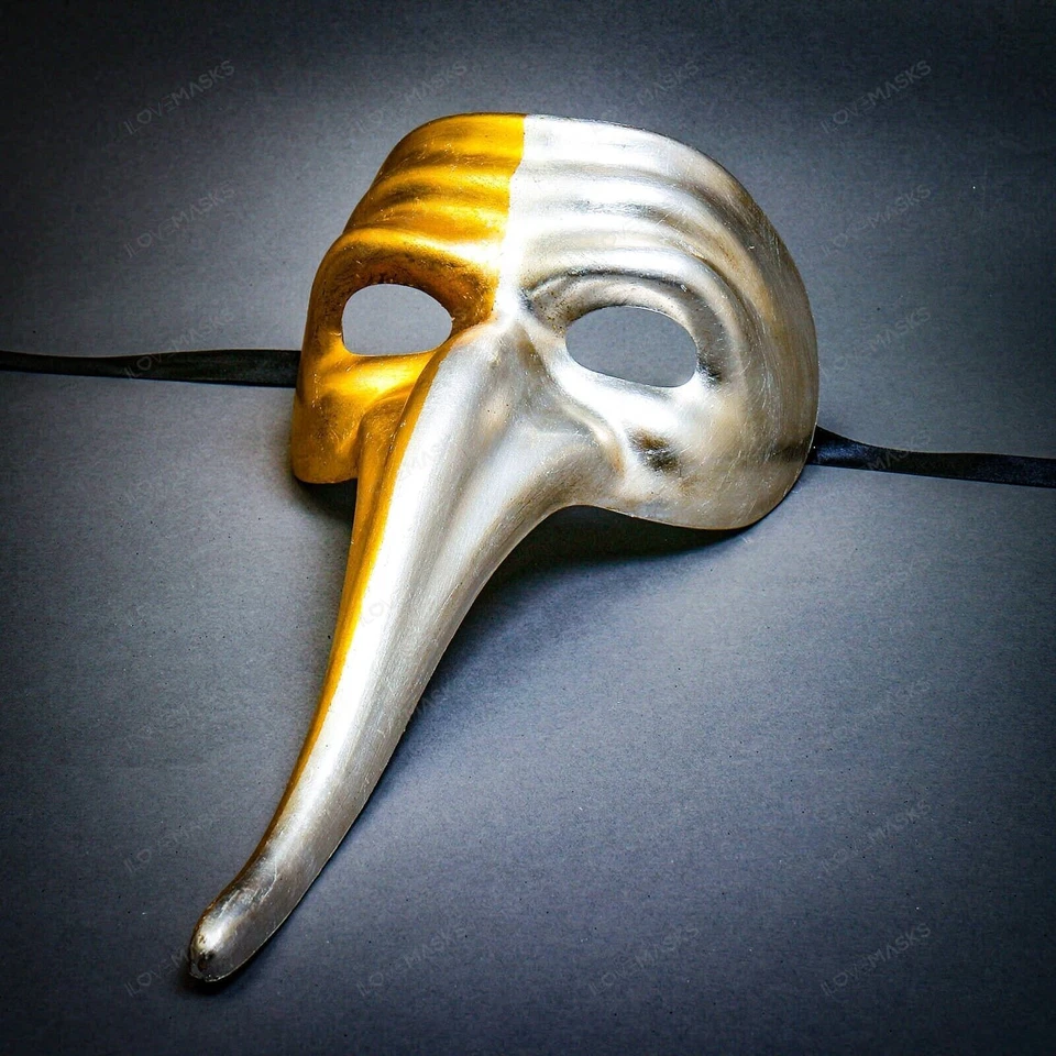 Gold Silver Plague Doctor Halloween Venetian Zanni Nose Masquerade Party Mask - Image 2 of 4