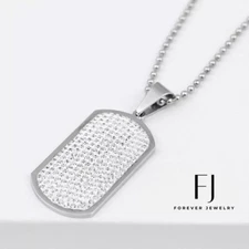 Stainless Steel Silver 49mm DOG TAG CZ Pendant 30" Ball Chain Necklace*BOX