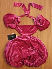 Pretty Little Thing Pink Tie Back Puff Ball Velvet Dress Petite Size 0
