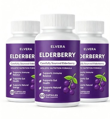 1-3x Elvera Elderberry Gut Support Complex-Organic Black Elderberry  Capsules