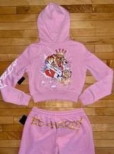 NEW NWT ED HARDY Tiger Crown Logo Hoodie Pants Set in Bubblegum Pink Size M