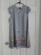 SHEIN Light Blue Striped A-Line Dress with Floral Hem Embroidery