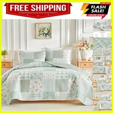 Floral Patchwork Quilt Set Full/Queen Size, 3 Pieces Green Flower Plaid Bedsp...