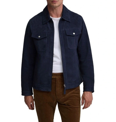 Navy Blue Cafe racer Leather Jacket for Men Pure Suede  Size S M L XL XXL