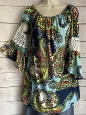 Win Win Pinwheel Sleeve Tunic Top sz L/XL Blue Multi Paisley Lace Insets