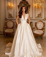 Deep V Neck A Line Wedding Dresses Sleeveless Satin Bridal Gowns with Pockets