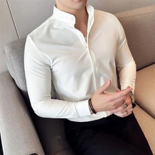 Men Dress Shirts British Style Stand Collar Long Sleeve Business Slim Fit Shirts