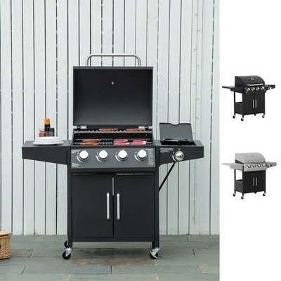 Outsunny 4+1 Burner Gas Grill Garden BBQ Trolley w/ Side Burner, 4 Wheels