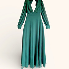 Lulus Talk About Divine Hunter Green Chiffon Maxi Dress Open Back Tie SZ L NWT