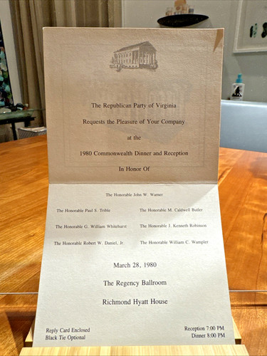 RARE! Invitation to 1980 Commonwealth Dinner and Reception Republican Party VA