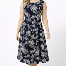 Tommy Hilfiger 8 Navy White Lace Midi Dress A Line Sleeveless Lined Modern Chic