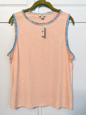 J.Crew Women s Large Peach Sleeveless Tank Top Blue Stripe Ruffle Trim NWT