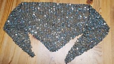Hand Knit Sequin Triangle Shawl   Gray Sparkle Evening Wrap   Boutique Style