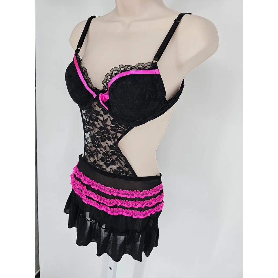 Camisón estilo delantal vintage Y2K Rampage íntimates para mujer talla S negro rosa encaje Foto 2 de 4