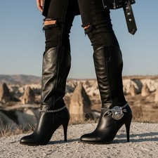 NEW Women Silver Metal Chain Boot Bracelet Shoe Live Ride Biker Charm Skull PAIR