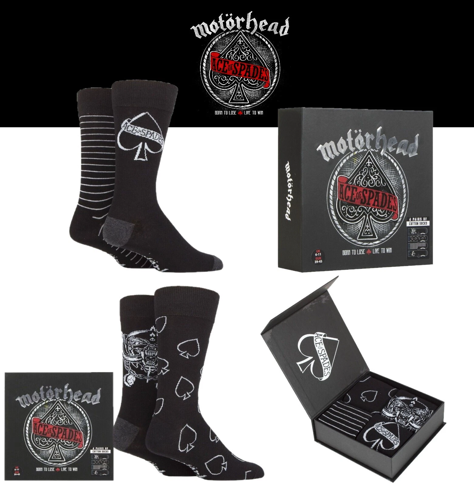 Men's Motorhead Gift Boxed Cotton Socks - "Ace of Spades" Album Art, 4 Pair Pack