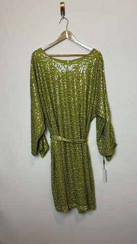 Vicky Tiel Women's Sequin Midi Belted Apple Green Long Sleeve Scoop Neck Size 2X