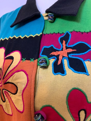 Vintage Allure Jacket Missy L Cotton Boho Mod Bright Parchwork Glass Buttons 3D - Picture 2 of 6