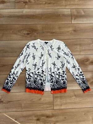 NWT Talbots Cream/Navy/Orange Cardigan Floral Sz PS Petite Small