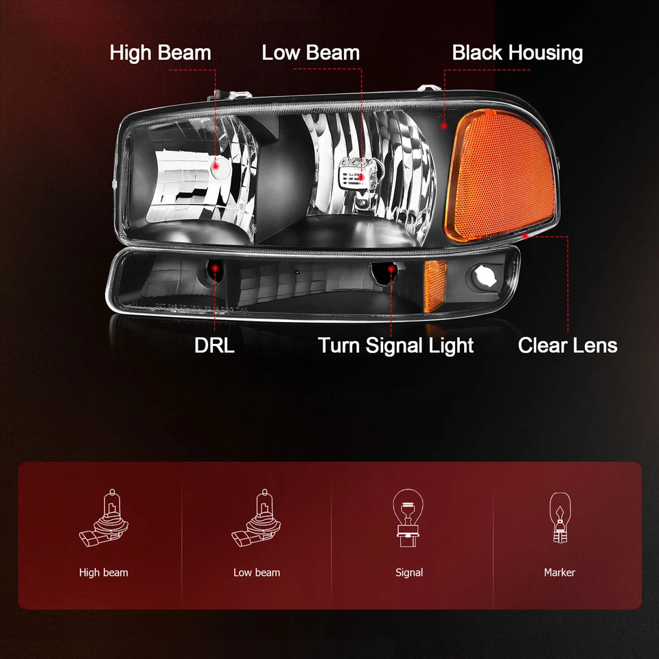 Conjunto de faróis para 1999-2007 GMC Sierra 1500 Yukon XL par de carcaça preta - Imagem 3 de 4