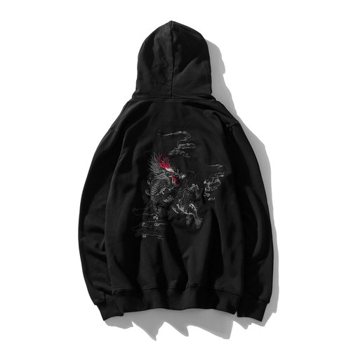 Niepce Streetwear Japanese Embroidered Kirin Graphic Hoodie Black Sweatshirt - Picture 3 of 10