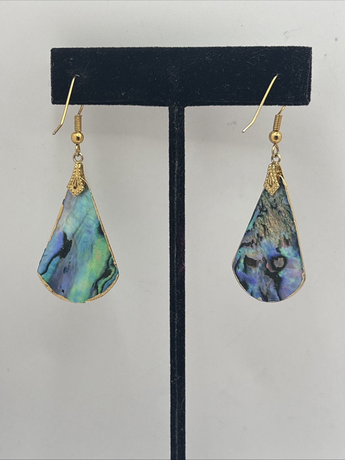 Geometric Abalone Shell Inlay Dangle Hook Earring… - image 1
