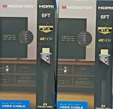 Monster HDMI Cable 4K HDR Premium Gold Plated High Speed 6 Ft Blue LED Lighted