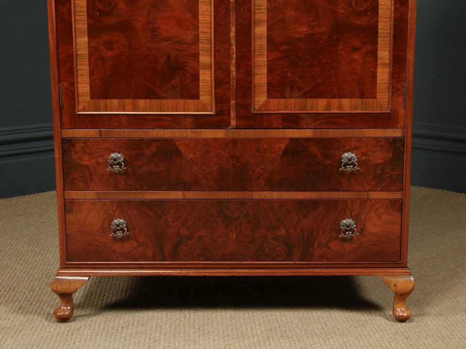 Antique Queen Anne Style Burr Walnut Small Wardrobe Armoire Tallboy (c. 1935) - Image 4 of 4