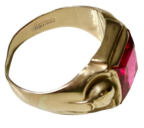 Mens Art Deco 10k Yellow Gold Lab Created Ruby Signet Ring Size 10 Signed MM - Picture 9 of 13
