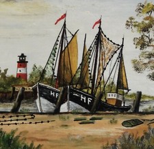Adolf Rieck 1919-2015, kleines TOP-Gemälde: 2 FINKENWERDER FISCHERBOOTE IM HAFEN