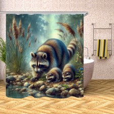 Raccoons Family Waterproof Shower Curtain Set Polyester Bathtub Decor Curtain70"