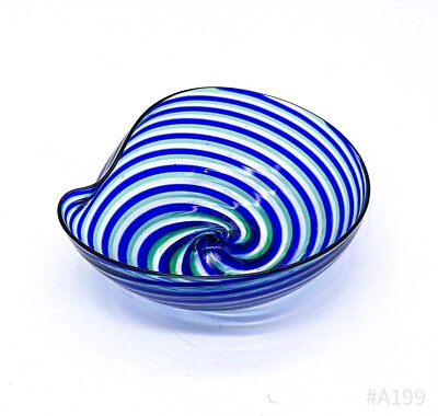 Vintage Glass Bowl with Spiral Colour Melts Blue & Green 13cm