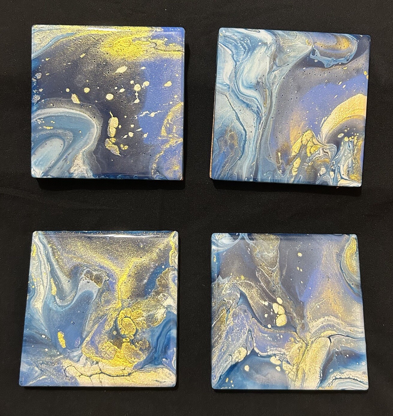 4 Cosmic Swirls Coasters 4” Blue Golden Hand Crafter Resin By Linda Burcel Water