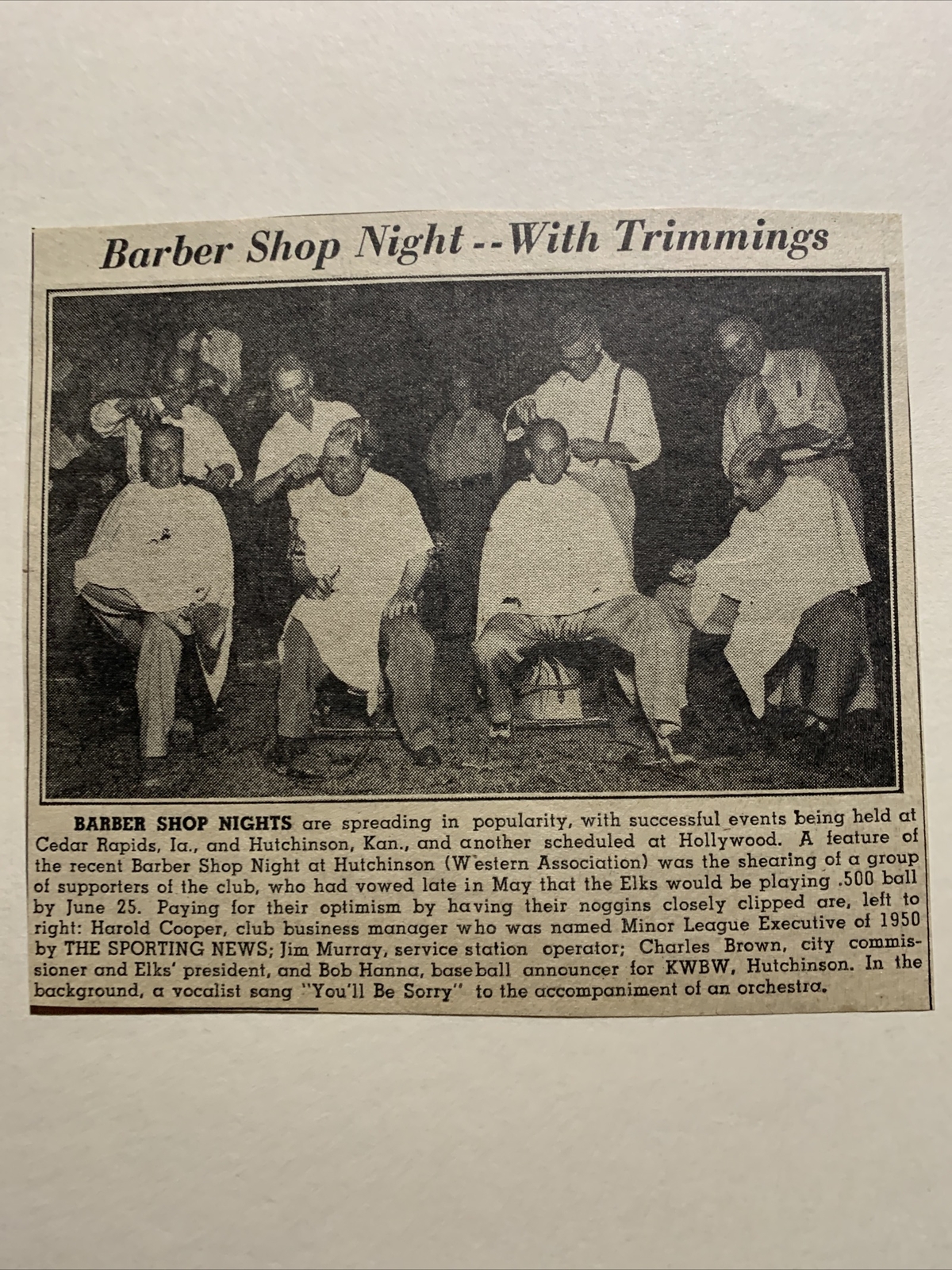 Barber Shop Night Hutchinson Elks Kansas 1951 Sporting News Baseball