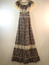 VTG 70s Montgomery Ward Womens Off Shoulder Prairie Maxi Dress Floral Cottage