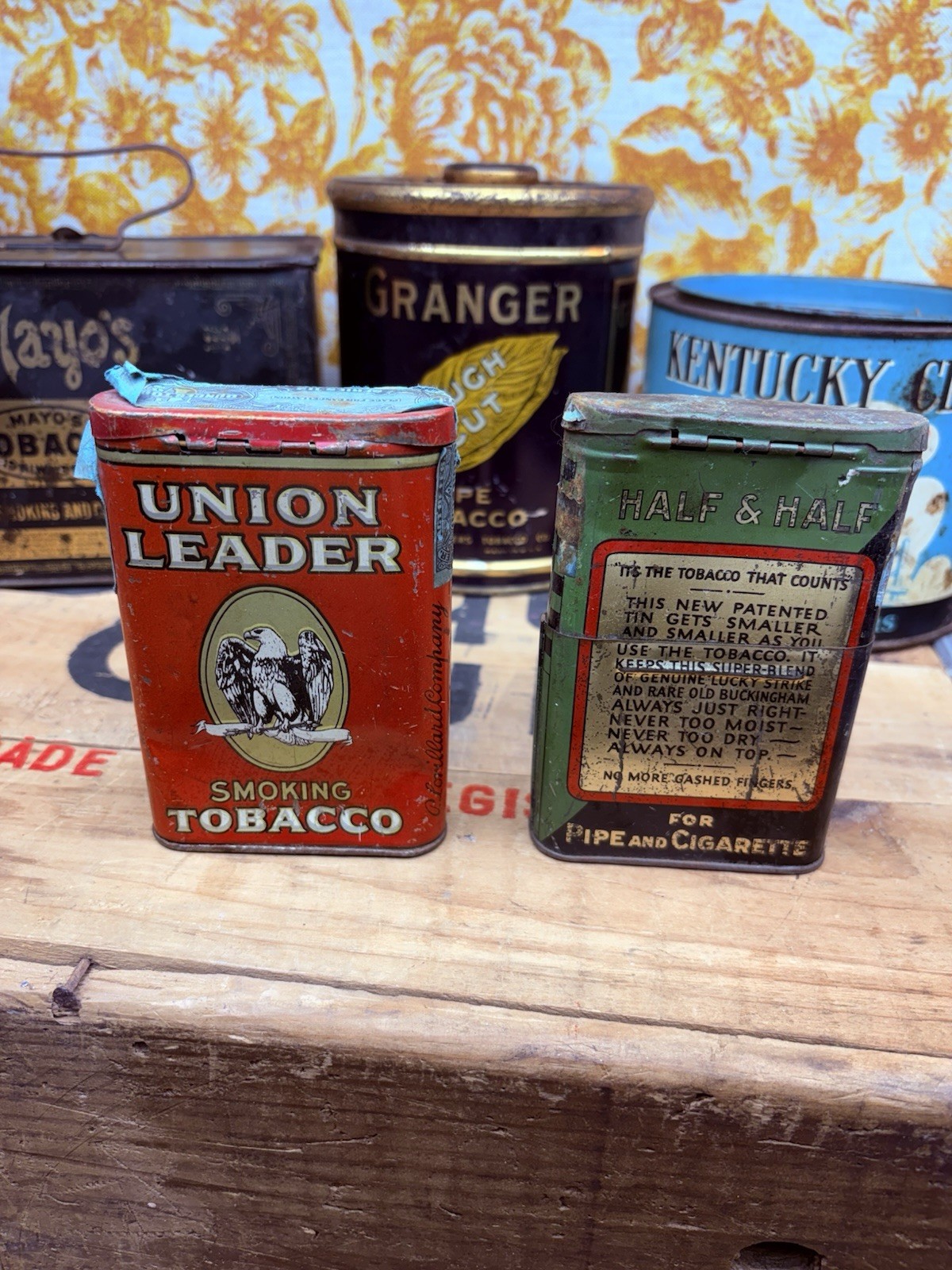 Vtg Tobacco Tin Lot Union Leader Lucky Strike Blue Boar Mayo Granger All Empty