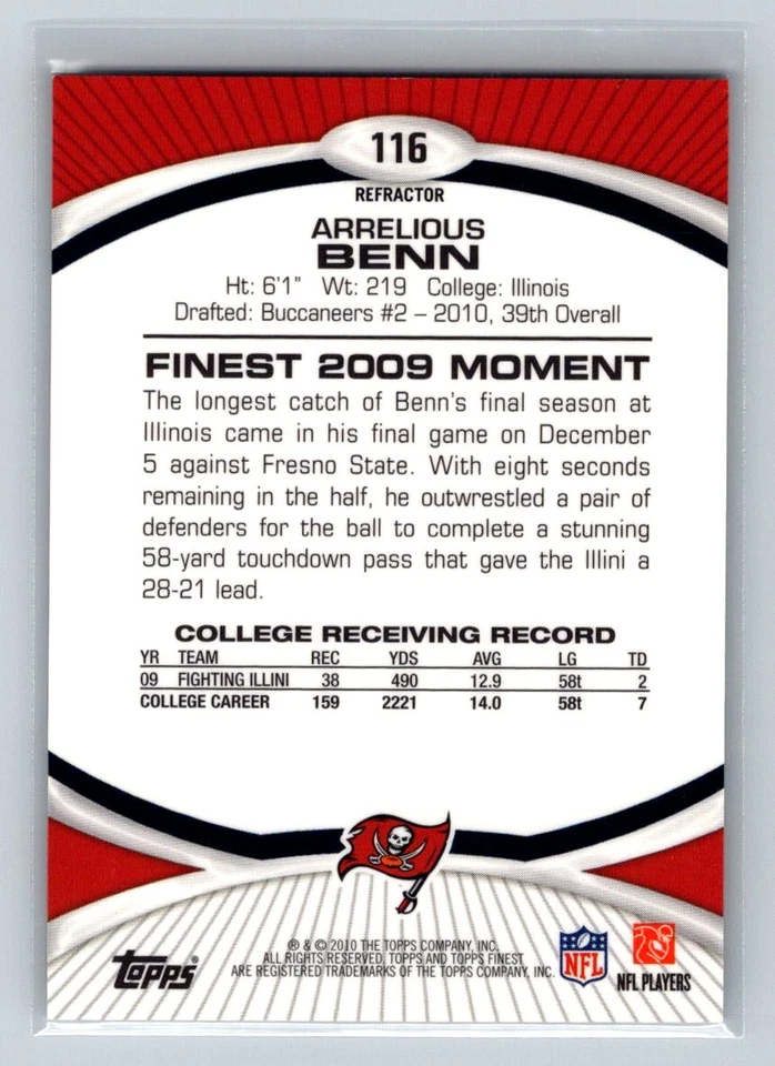 2010 Finest #116 Arrelious Benn Xfractors Tampa Bay Buccaneers D31 - Image 2 of 2