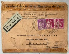 FRANCE 1935 SYNDICAT MUSICIENS PARIS RARE COVER TO ARTURO TOSCANINI TO MILAN