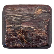 Antique Japanese Wood Manju Netsuke Lacquer Cicadas on Tree Bark ex Robert Goode