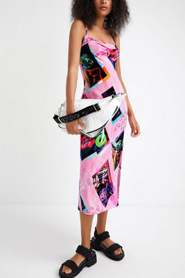Desigual Dress Pink Sheath Stretchy Split Abstract Midi 22WWVKX6 Womens