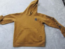 Carhartt Hoodie Childs 10-12 Brown Fleece Pullover Sleeve Logo Workwear Graphic
