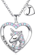 Unicorn Necklace for Girls Gifts - 14K White Gold Plated CZ Heart Pendant Unicor