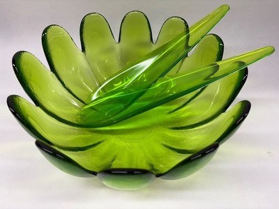 VTG INDIANA Glass Luau Lotus Lime Green Bowl Retro MCM utensil's