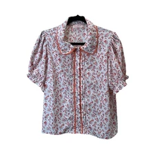 Ivy City Co Pink Floral Cottage Coquette Button Up Puff Sleeve Top Womens Size L
