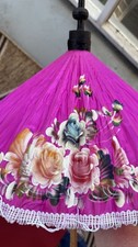 Antique Silk Fringe Umbrella Chinese Hand Painted Hot Pink Parasol Bamboo Asian