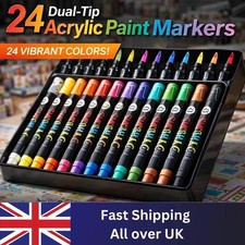 Acrylic Paint Pens 24 Colours Dual Tip Waterproof Markers for Rock Wood Arts UK